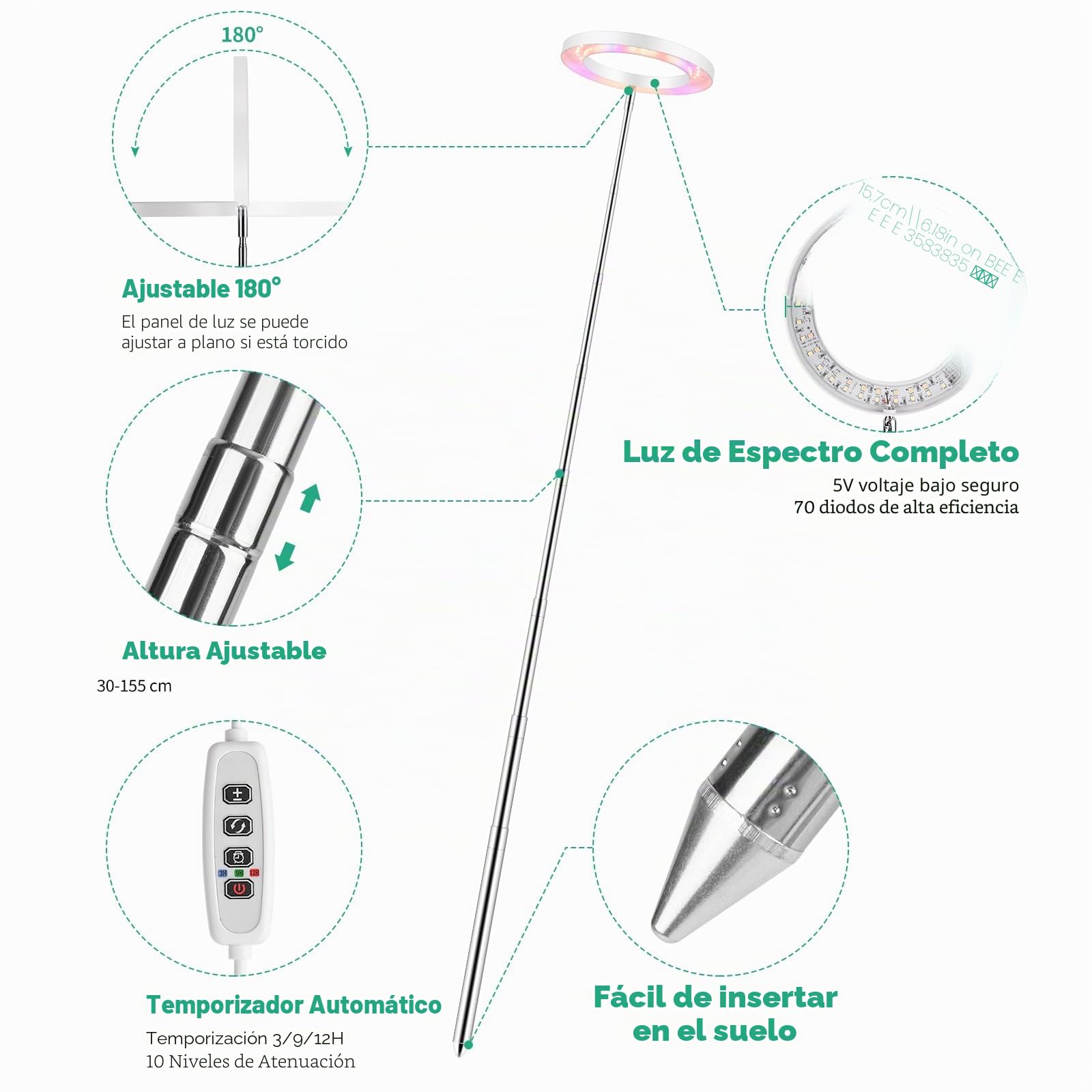 Euakee Lámpara de Planta, 70 LEDs Luces de Crecimiento de Espectro Completo, 30-155cm Ajustable en Altura, con Temporizador 3/9/12H, 10 Brillos, 3 Modos, para Plantas de Interior (Blanco)