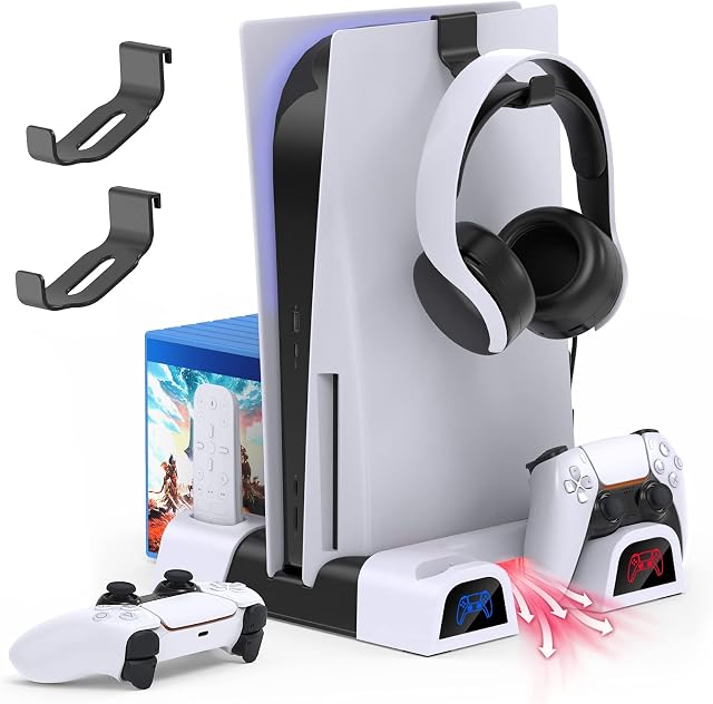 5 in 1 Vertical Stand for PS5/PS5 Digital Edition with Cooling Fan 3 Adjustable Level and Controller Charger Dock Fast Charging with LED Indicator, 2 Holder Hanger, Remote &10 Game Rack Organizer