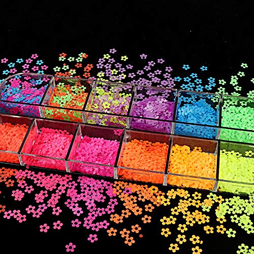 Nail Art Decals 12 Colors Fluorescent Flower Style Nail Glitter Sequins 3D Nails Art Stickers Manicure Fluorescent Flower Sequins Decoration Decals Supplies, Nail Art Flake Acrylic For Women #TOP1