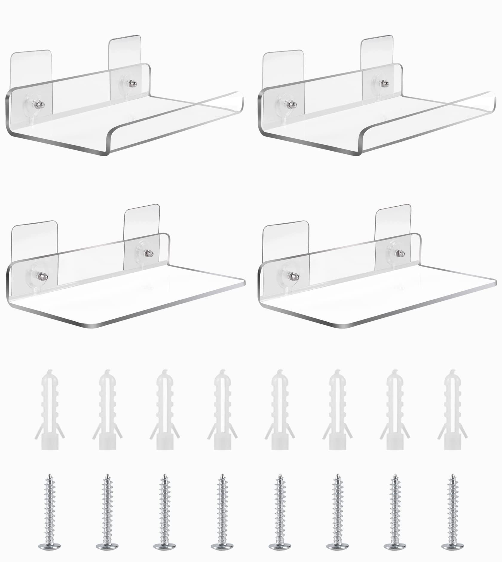 4 pcs Transparent Clear Acrylic Floating Shelves No Drill, 200x100mm, Decorative Clear Wall Mounted Modern Display Shelf for Bedroom, Bathroom, Kitchen, Living Room, Office, (YF-EL-Z-115)