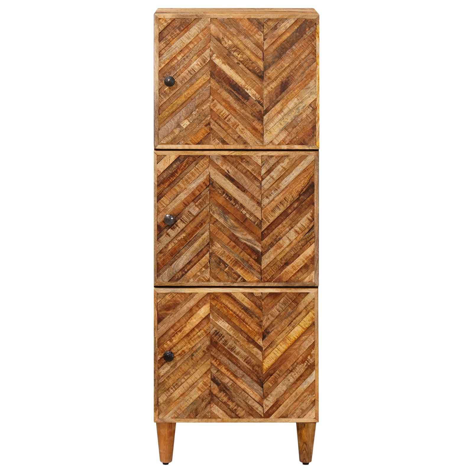 Stauraumschrank Braun aus massivem Mango-Holz 40 x 33,5 x 110 cm mit Messingknöpfen und 3 Türen, Wohnzimmer Medienaufbewahrung für TV, DVD, CD, Vinyl, Router, Kabel und Gaming Zubehör