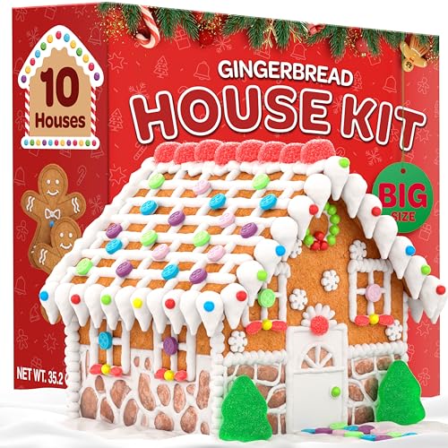 BIG Gingerbread House kit, [Set of 10] Gingerbread House, Holiday Activity for Kids - Ease Crafted Grooves Decor kit; 10 Houses, 20 ppl/Fondant/Snowflakes/Candies/Jellies/Beads/Buttons/Tray (150 Pcs Set)