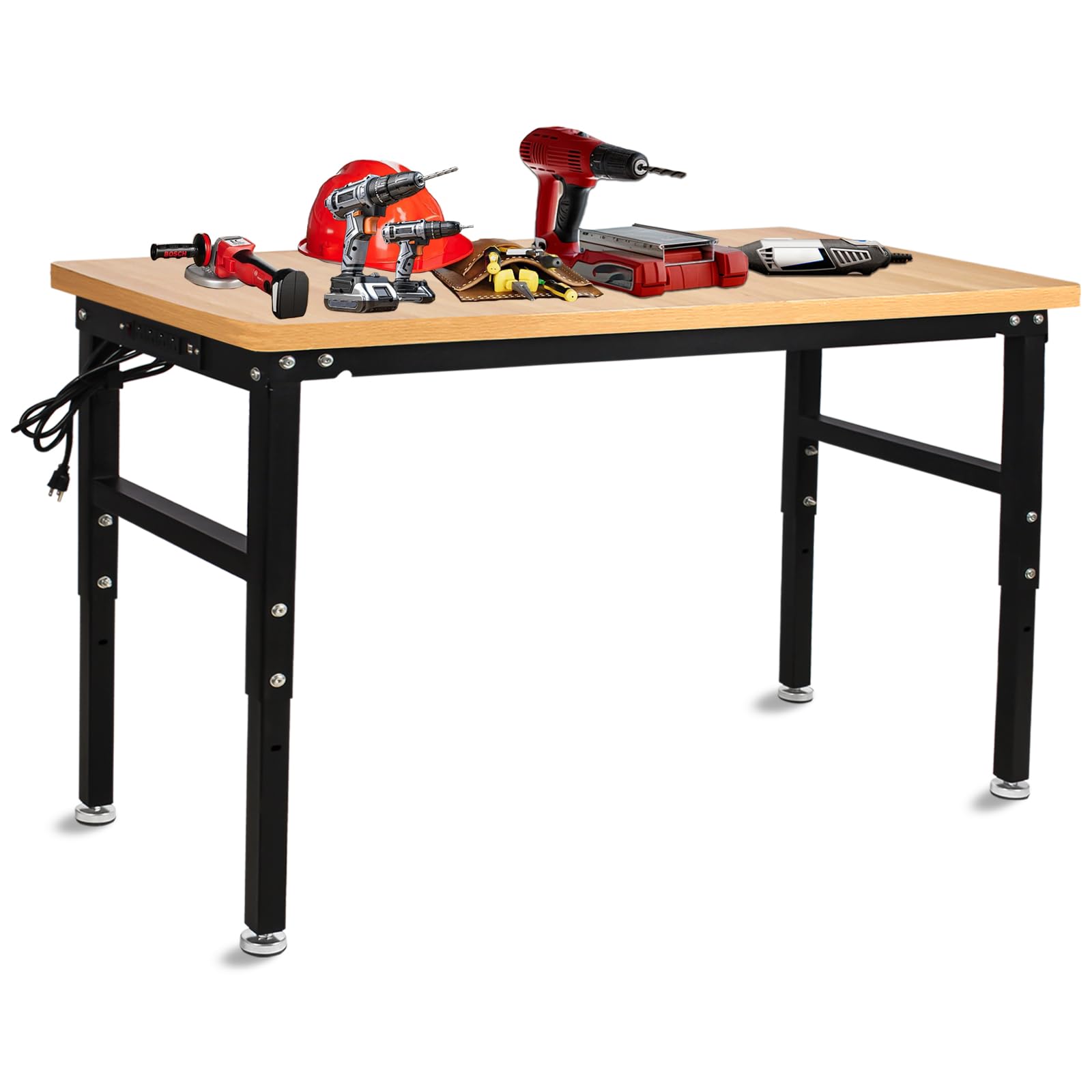 60'' Adjustable Workbench with Power Outlet, 2000 Lbs Capacity Work Benches for Garage, Wood Heavy Duty Work Bench,Shop Table for Shop Office Home