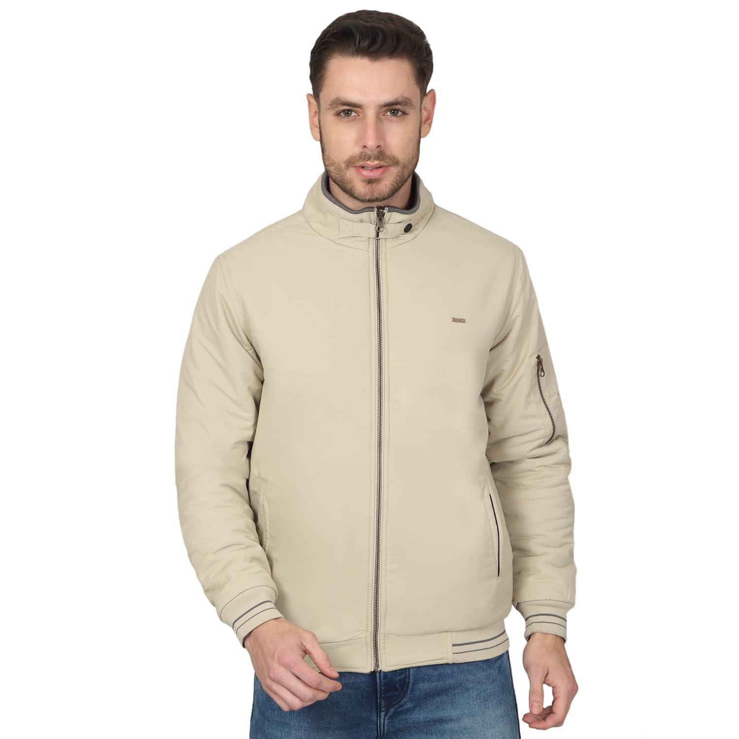 Solid Beige Full Sleeves Mock Neck Regular Fit Men's Casual Reversible Jacket | Casual Winter Jackets for Men | Mens Jackets for Winter Wear (P_MJKT00238)-image-35