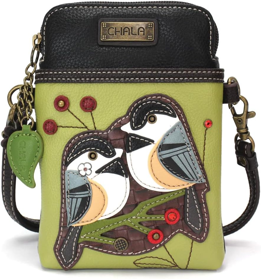 Chala Chickadee Bird Faux Leather Cellphone Crossbody Bag with Two Straps