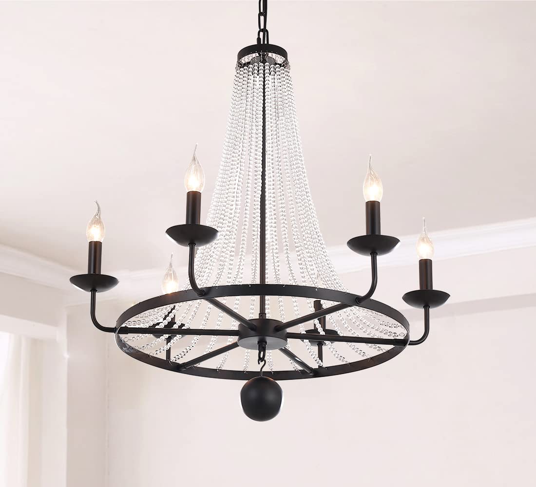 Farmhouse Chandelier,6 Heads Pendant Lighting, Crystal Strings Ceiling Light Fixture for Living Room,Dining Room, Bedroom,Office (Black)