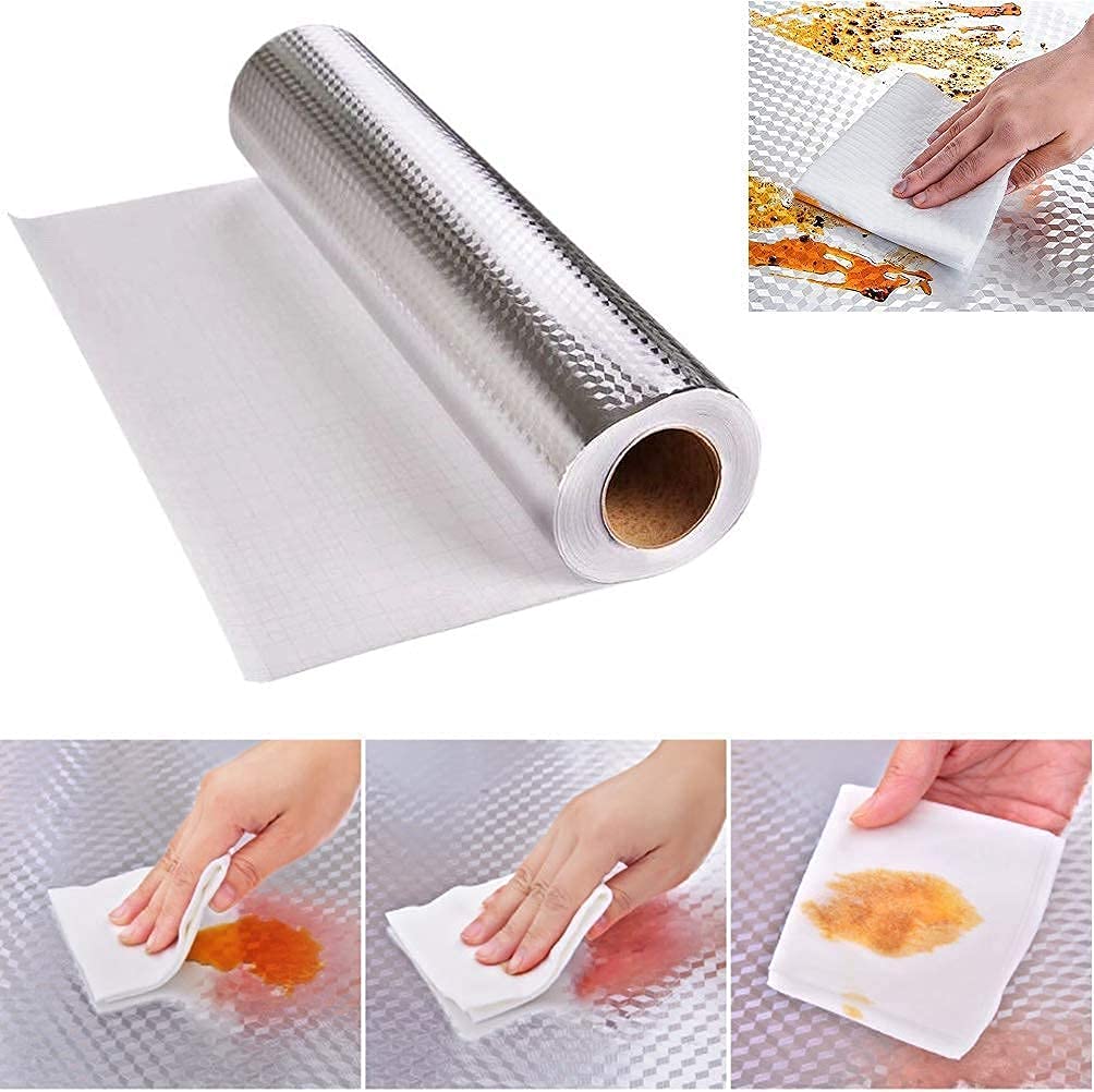 Skyzone Kitchen Backsplash Oil Proof Sticker Wallpaper Self-Adhesive Under Sink Mat Kitchen Cabinet Drawer Shelf Liner Aluminum Foil Sticker 1