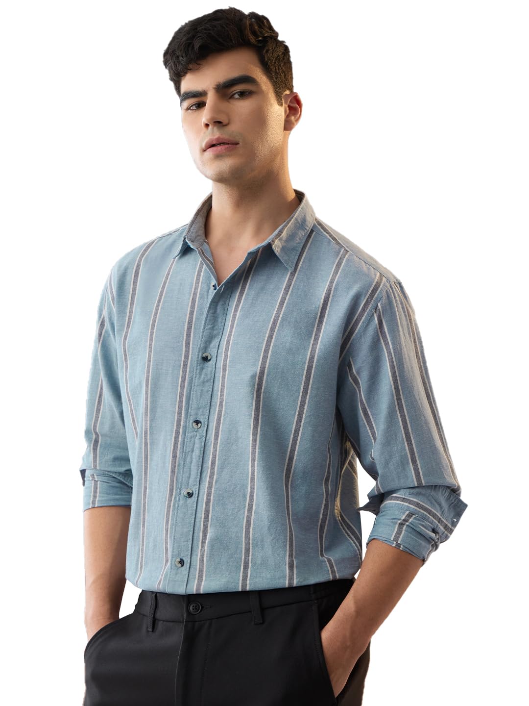 The Souled Store Bawełniana pościel w paski: Azure mężczyźni i chłopcy z długim rękawem kołnierz z guzikami z przodu w paski, jasnoniebieski Oversized Fit bawełniana lniana koszula