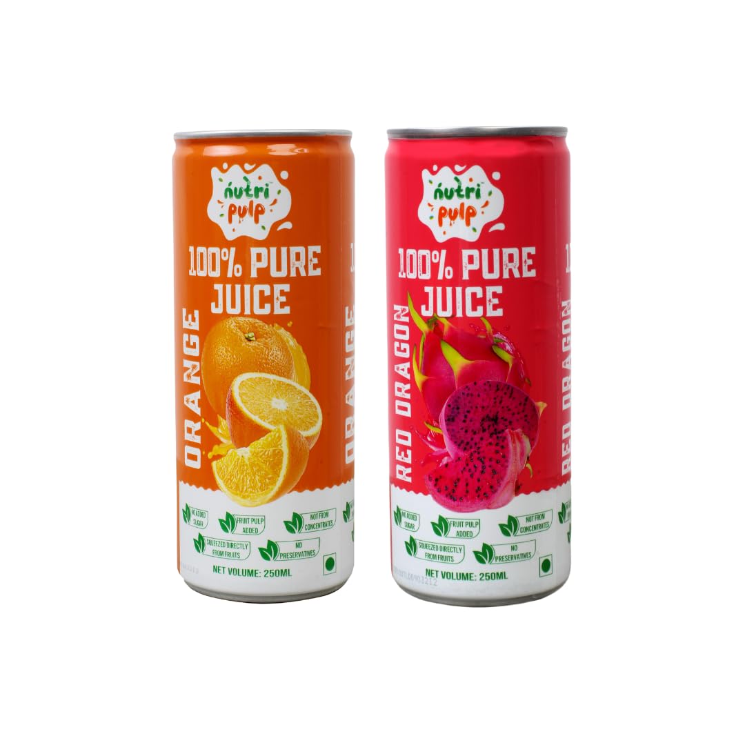 Nutripulp 100% Pure Red Dragon Fruit & Orange Juice with Pulp, Combo Pack of 2 Cans (250 ml each) - No Added Sugar & Preservatives - Rich in Vitamin C & Antioxidants - Refreshingly Exotic Fruit Juice