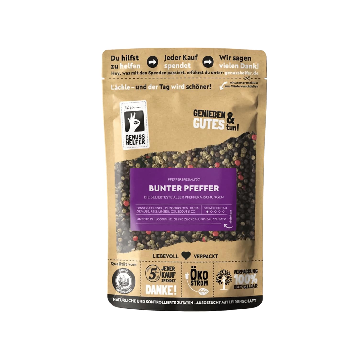 Bremer Gewürzhandel bunter Pfeffer, ganz, aromatische Pfefferkörner bunt, zum Kochen von herzhaften Speisen, 150g