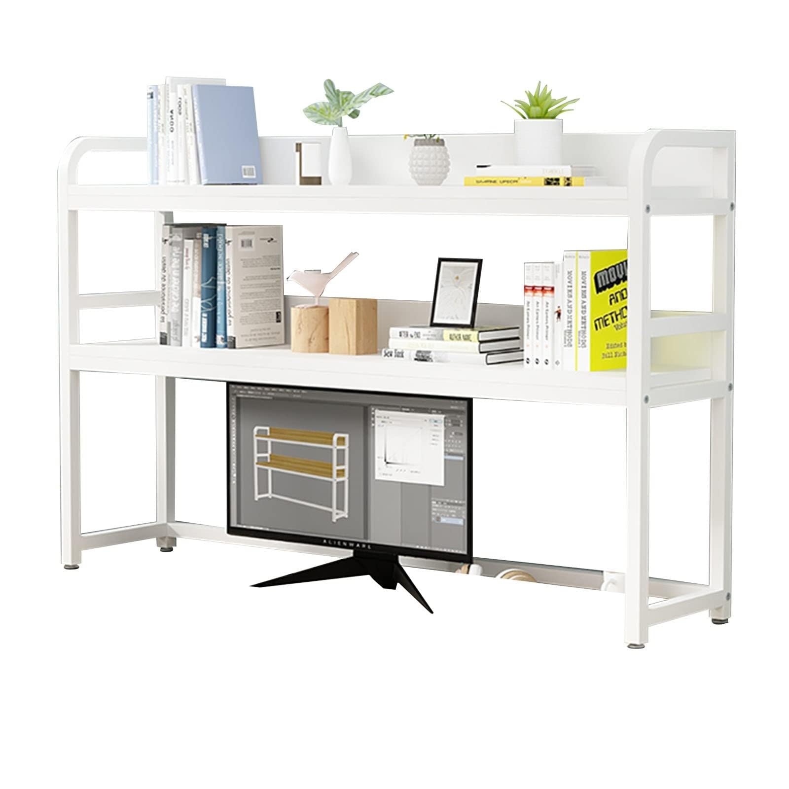 ASerZenith Desktop Bookshelf Bookcase for Computer Desktop - Desktop Bookshelf, 2 Tier Wrought Iron and Metal, Dorm and Work Desktop Organizer