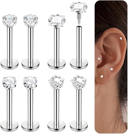 Briana Williams 6 stuks traguspiercing, lippiercing, labret-steker, chirurgisch staal, zilver, 16G, 6/8/10 mm, staafje met zirkonia, helix oorpiercing, 6 mm