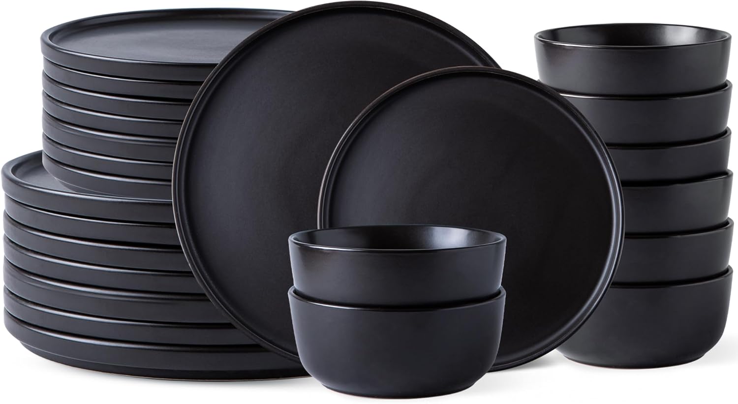 AmorArc Stoneware Dinnerware Sets of 6,Reactive Ceramic Plates and Bowls Set,Highly Chip and Crack Resistant | Dishwasher & Microwave Safe | Round Dishes Set Service for 8 (24pc) Stoneware Matte Black Service for 8 ( 24 pcs)