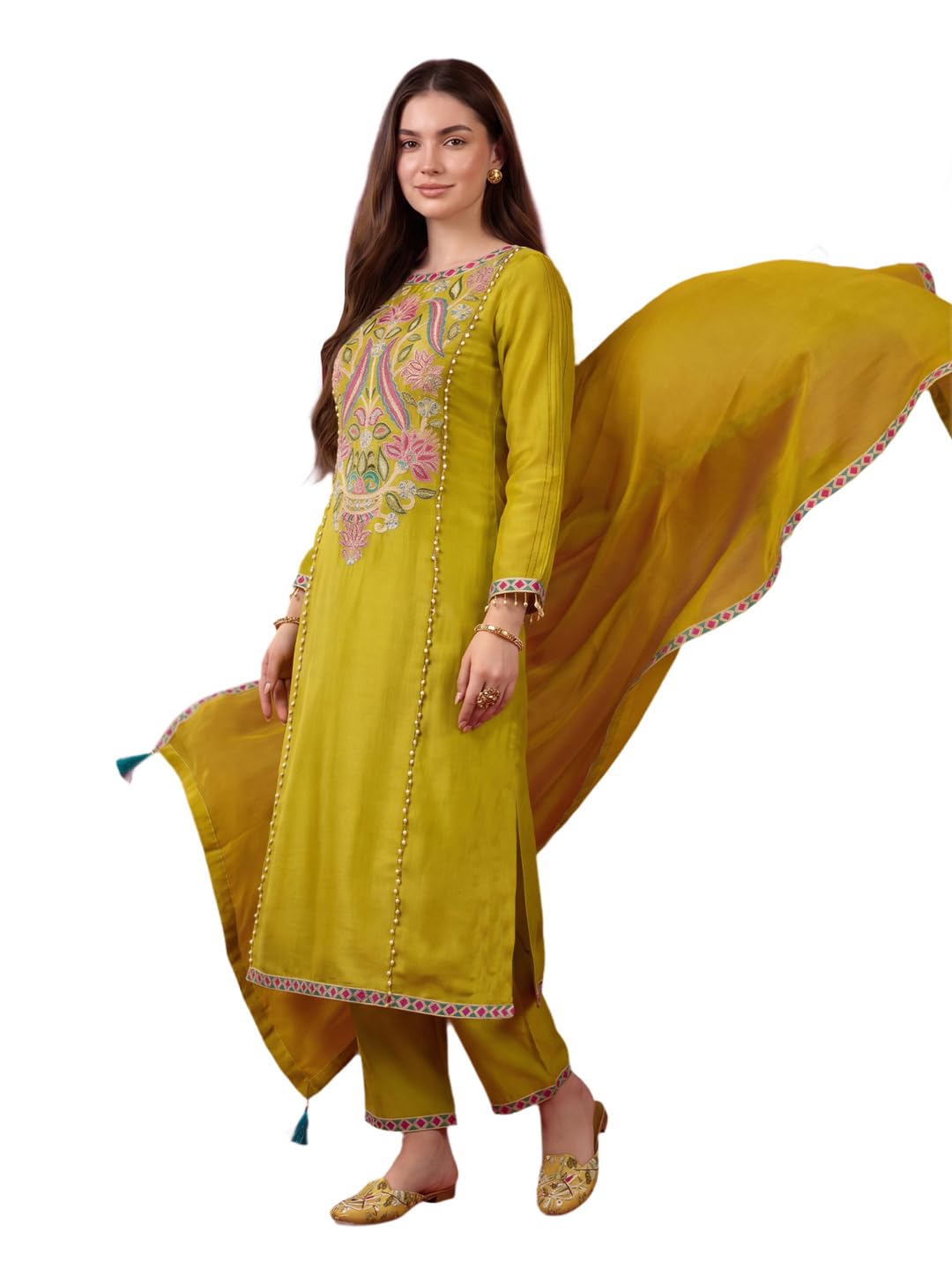 indo era Women's Silk Blend Floral Embroidered Zari Work A-Line Kurta & Pant with Dupatta Set | Kurta Set For Woman-picture-11