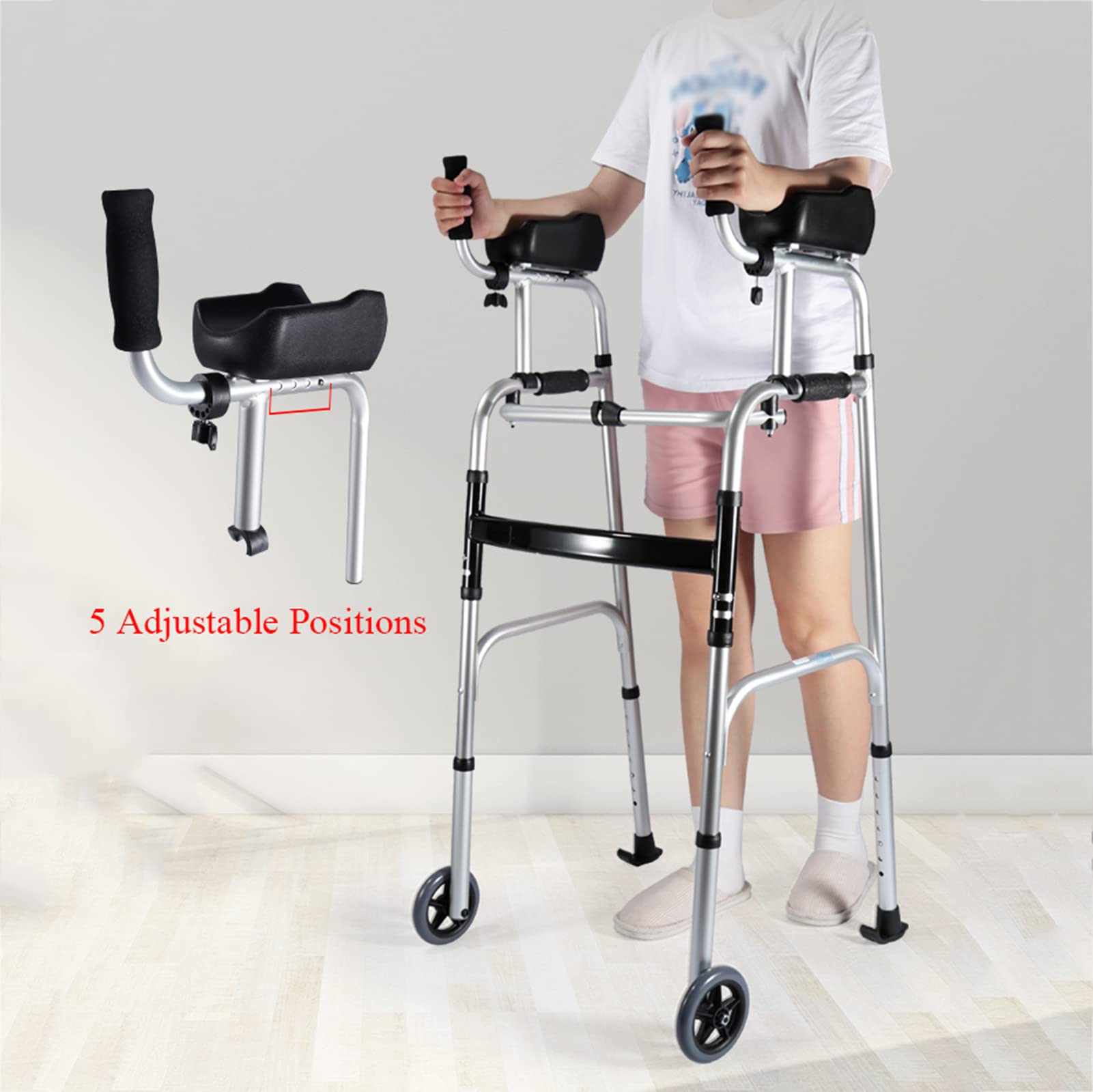 Soporte de marco para caminar para adultos, soporte vertical para antebrazo con ruedas y soporte de reposabrazos desmontable, aleación de aluminio para ancianos y discapacitados