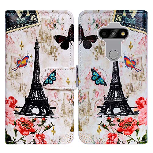 Bcov Case for LG Aristo 5/LG K31, Paris Tower Butterfly Leather Flip Case Wallet Cover with Card Slot Holder Kickstand for LG Aristo 5+/LG Fortune 3/LG Risio 4/Phoenix 5/ LG K8X/Tribute Monarch