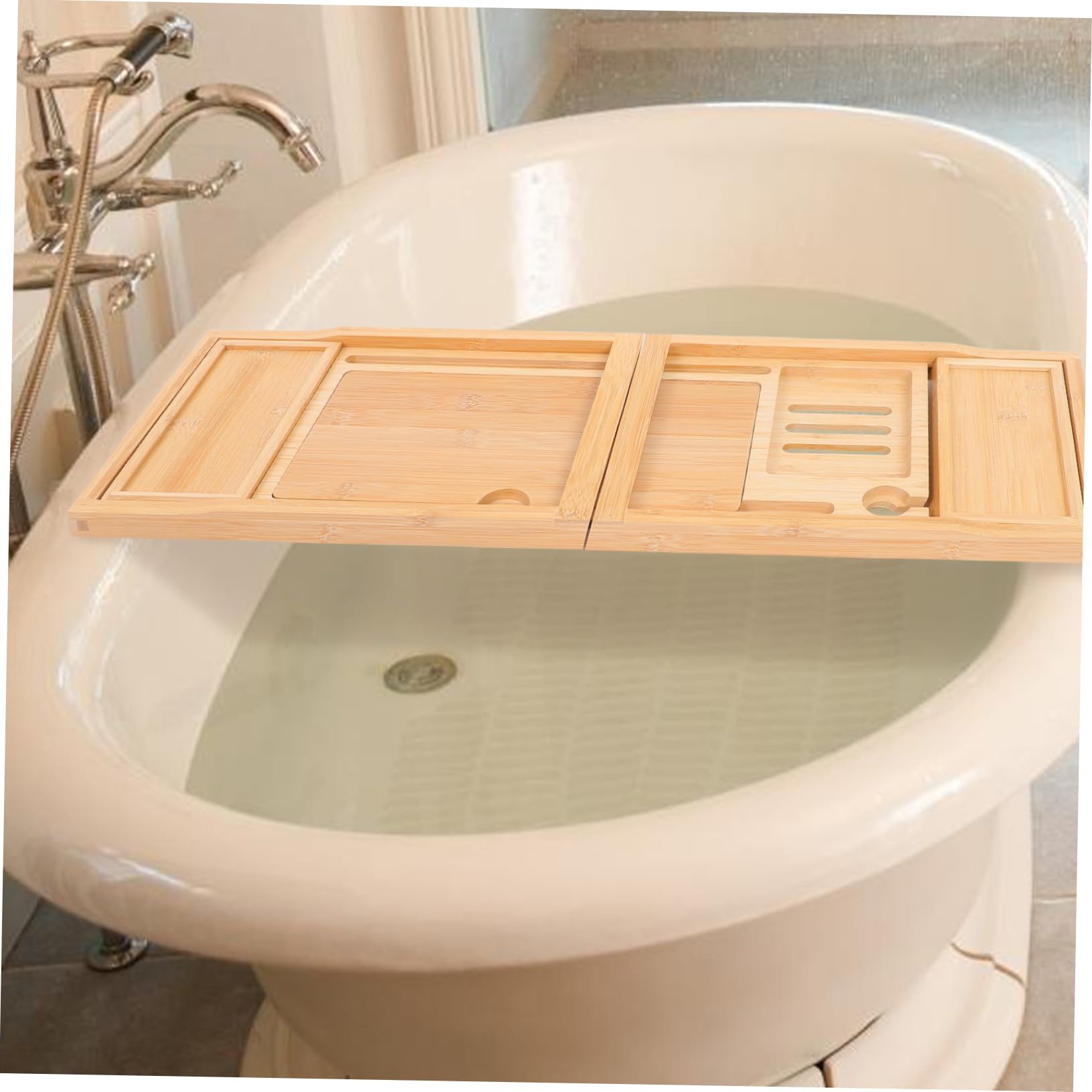 Ciieeo Bandeja De Baño De Bambú Ajustable Soporte Extensible Organizador para Bañera Almacenamiento Diseño Elegante