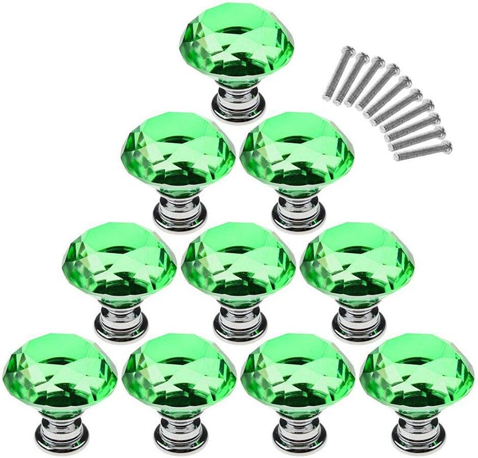 Magik 20Pcs Crystal Glass Cabinet Knob Diamond Shape 30mm Drawer Cupboard Handle Pull (Green)