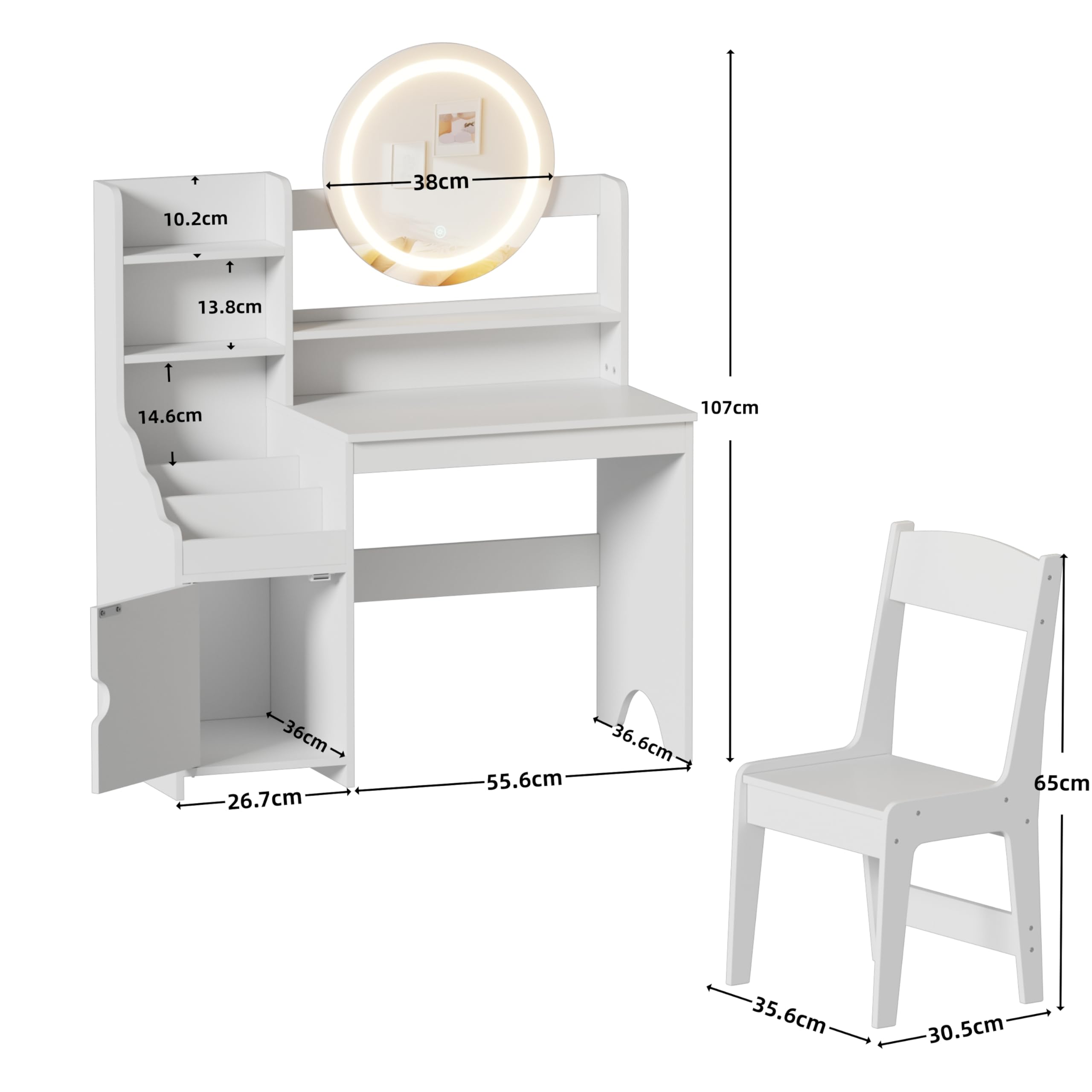 MSFE 2 in 1 Schminktisch Kinder Set, Kinderschminktisch Prinzessin Frisiertisch mit Hocker, LED-Spiegel & Stauraum Schrank, Frisierkommode Mädchen Holz ab 5 mit offenen Fächern (Weiß)