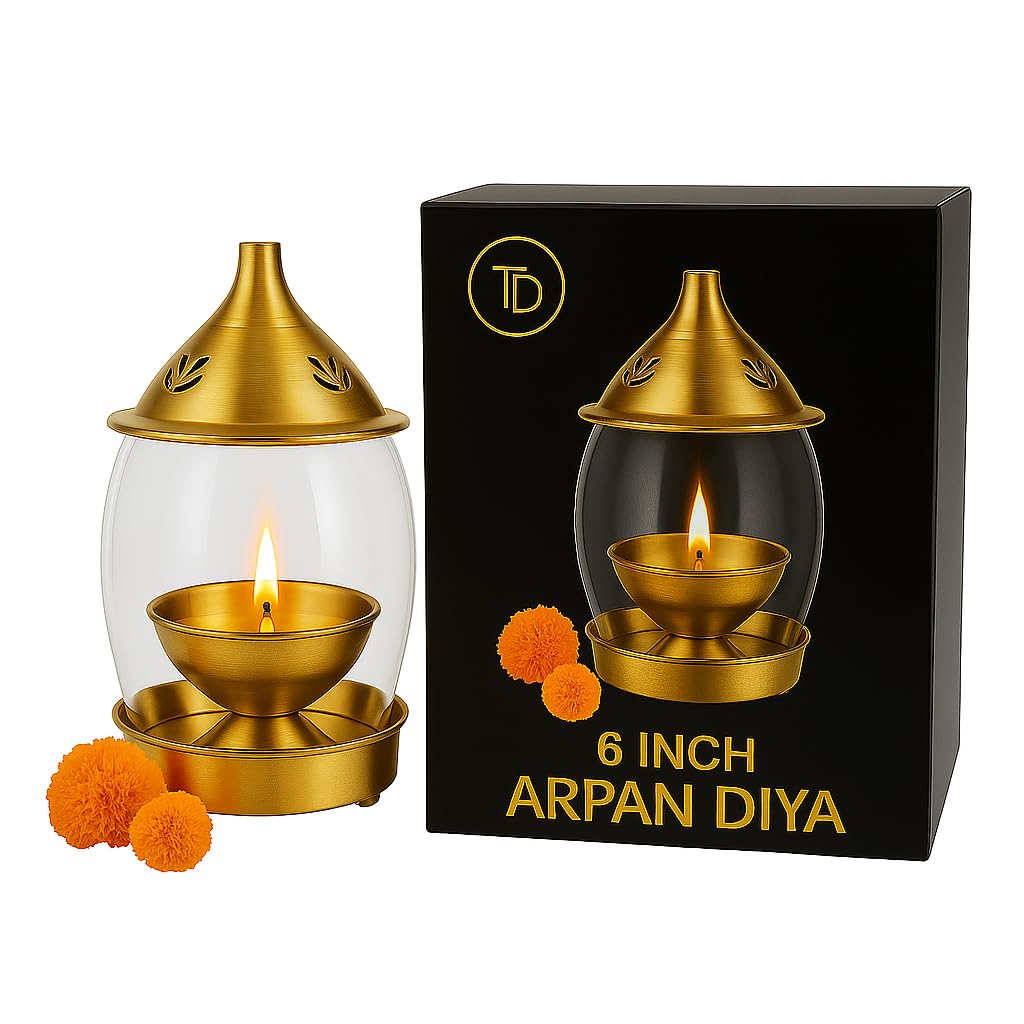 True Decor 6 Inches Akhand Deepak for Puja Arpan Diya Akhand Diya with Curved Borosilicate Glass Cover Akhand Jyoti Deepam