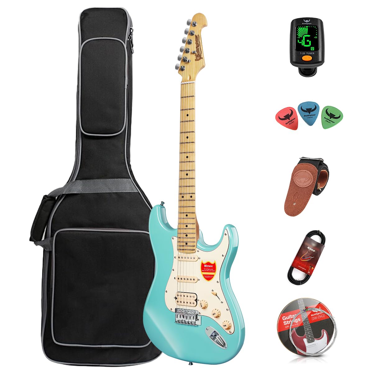 Bullfighter 39 pouces Guitarra eléctrica, taille 4/4 complète, micro HSS, stratocaster ST pour débutants amateurs de musique, avec housse, sangle, médiators, accordeur, cordes, câble. D-120 (Vert)