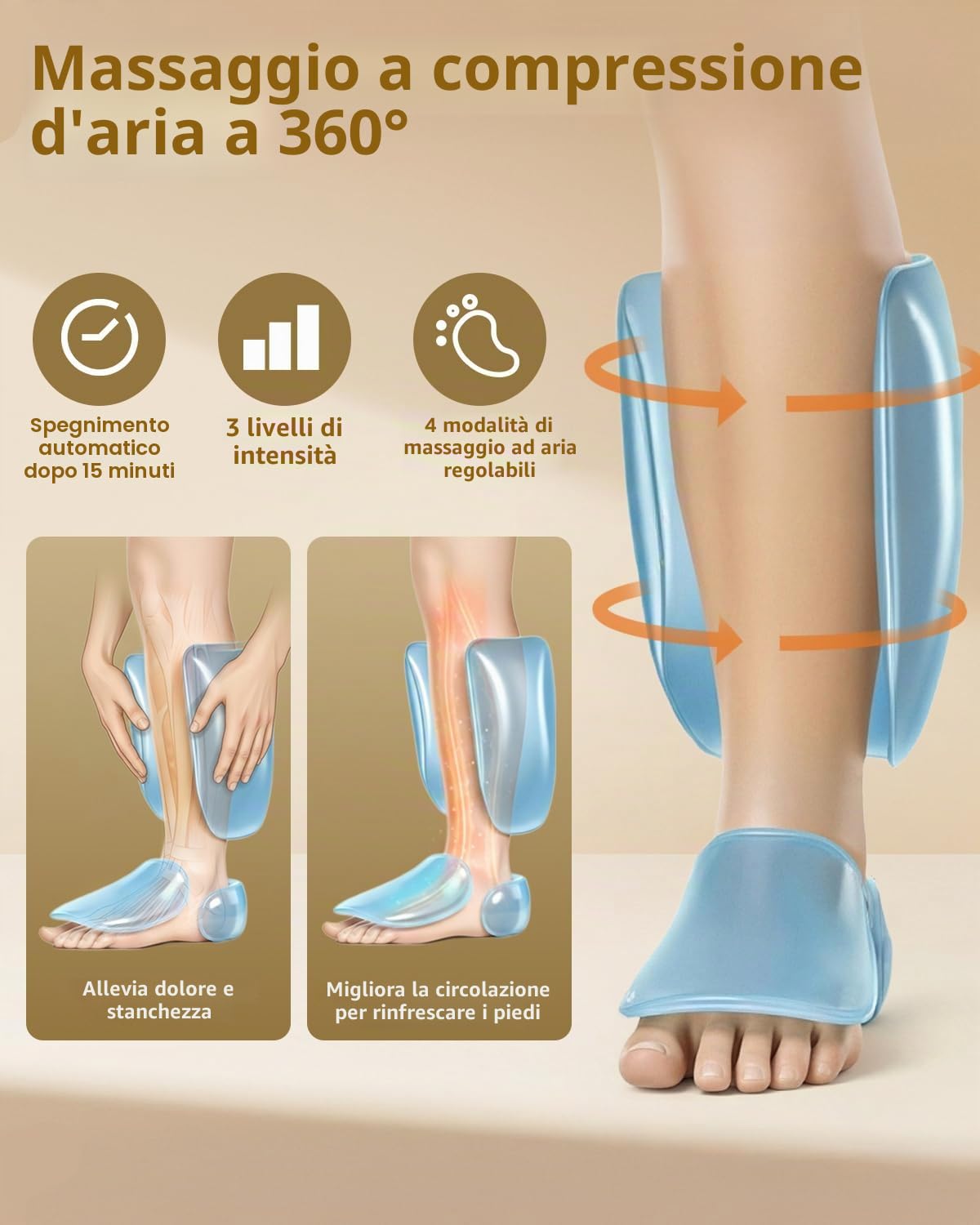 massaggiatore per piedi Shiatsu con funzione riscaldante, massaggio pneumatico per polpacci e rulli, massaggiatore per gambe per uso domestico, beige