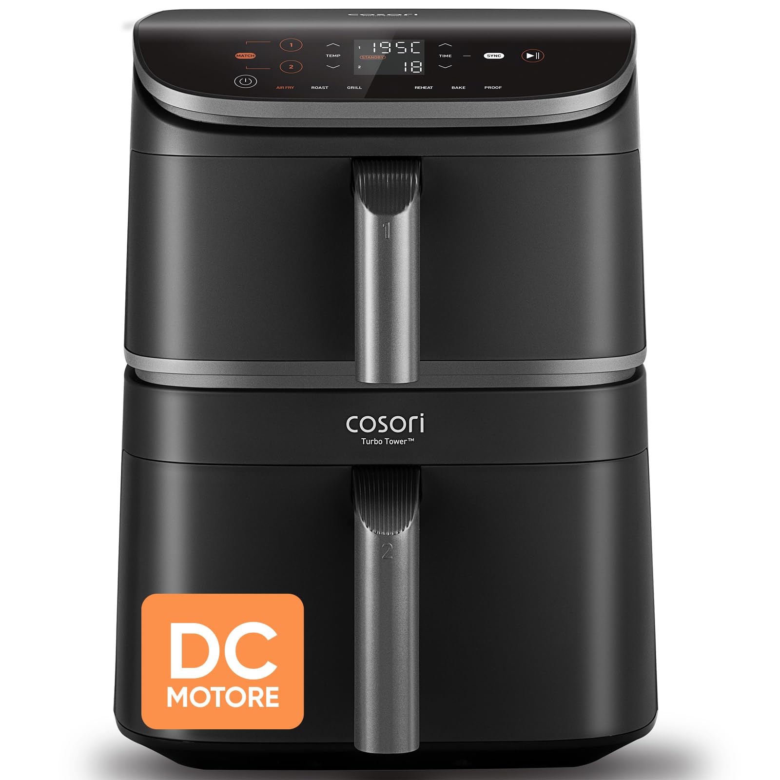 Cosori Turbo Tower Friggitrice ad Aria 10,8 Litri, 2 DC Motori | Doppio Cestello Verticale, 6 Funzioni, 30-230°C, 2630W, Cottura Salvaspazio Con Griglia a 3 Livelli, Grigio, CAF-DC111