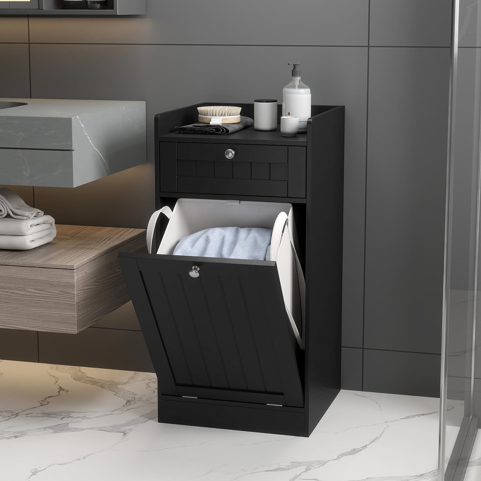 Freending Wäschesammler mit ausklappbarem Wäschekorb, Badezimmerschrank mit Der & herausnehmbarem Innenbeutel, Holz, Schwarz, 1 Behälter + 1 Korb