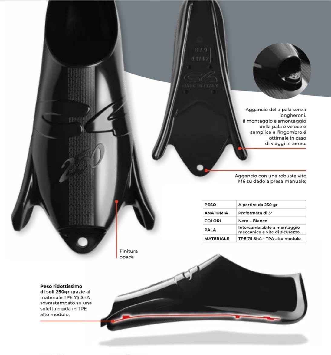 C4 Aletas MB002 - Aletas de carbono Apnea para pesca subacuática con zapatilla C4 250, dureza pala 20-25-30, longitud de la pala 87,5 cm