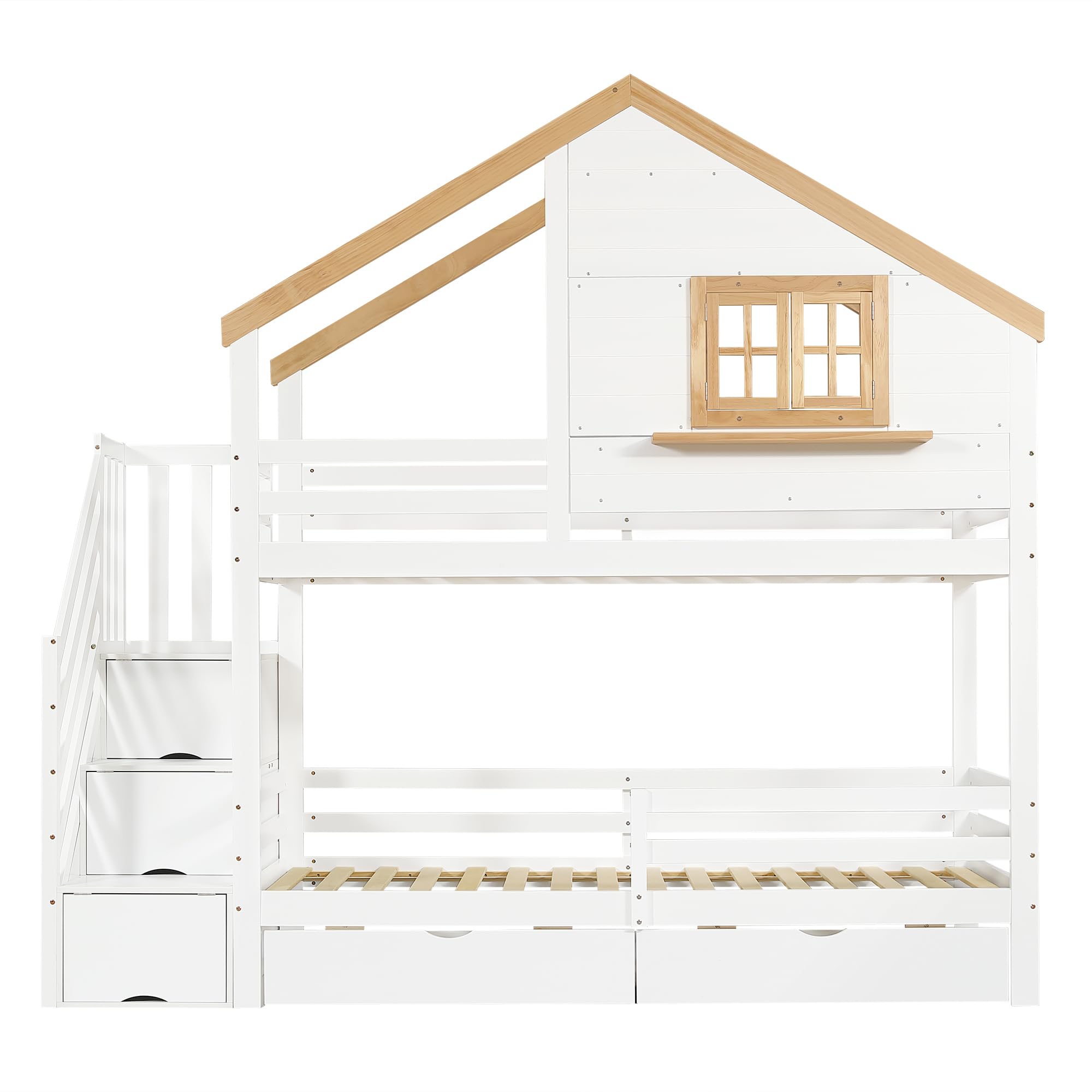 Etagenbett Kinderbett 90x200 cm, Hochbett Holzbett mit Stauraum Treppe und 2 Schubladen, Multifunktional Jugendbett mit Einem Fenster, Lattenroste & Rausfallschutz, Weiß+Natur, ohne Matratze