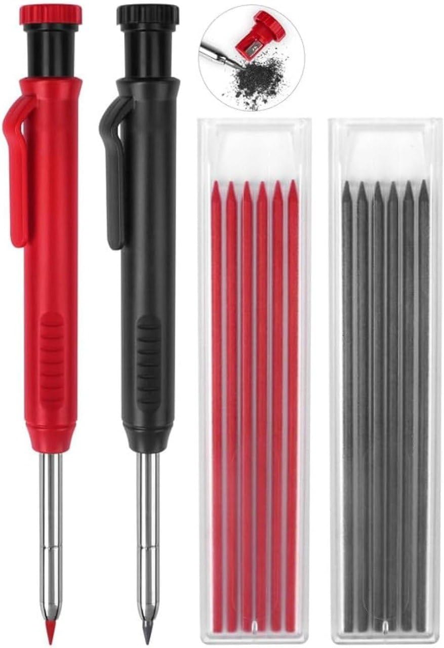 IQS Enterprise Mechanical Carpenter Pencils with 6 Refills and Metal Marking Scriber Tool, Solid Deep Hole Woodworking Pencils Marker Marking Tools with Built in Sharpener (1 pack)
