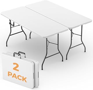 6FT Folding Table 2 Pack, Heavy Duty Fold in Half Plastic Tables with Carry Handle, Portable Indoor Outdoor Utility Table for Party, Picnic, Camping, Banquet, Wedding, RV Travel