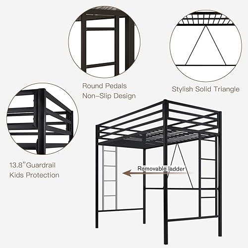 Miniatura 5 de ikalido - Cama elevada de metal tamaño individual con barandilla de seguridad y escalera, no necesita somier, muebles de dormitorio que ahorran Mate