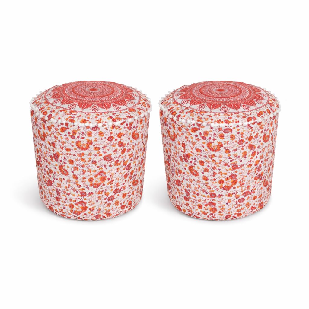 Bhawna Creations Cotton Muda Cover, Handmade Floral Blue Mudda Cover, Muddy Stool Ottoman Pouffes Patio Chair Footstools Cover Size 17x18 Inches Pack of 2 Pieces Orange (Only Cover)-picture-10