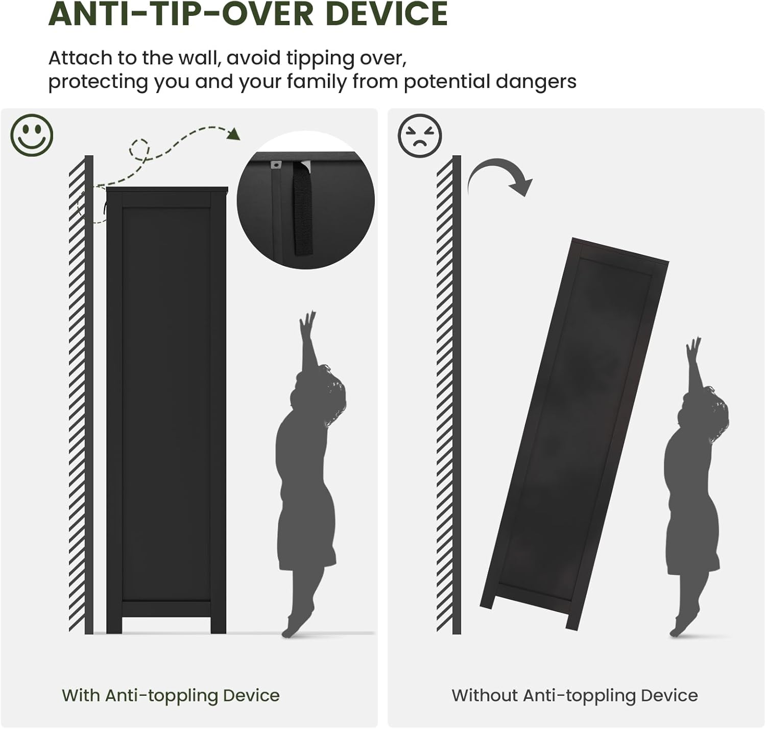 Diagram showing anti-tip device installation and the danger of tipping without it