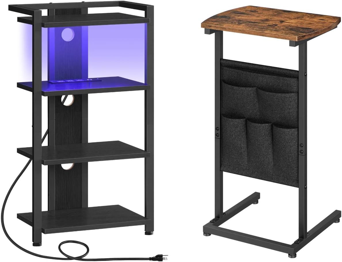 HOOBRO 4-Tier AV Media Console with Charging Station and LED Light, C Shaped Side Table with Storage Bag, 28.3" Tall Slide Under Sofa Couch Side Table, Sturdy Frame Bundle BB38UDCJ01-BF40SF01