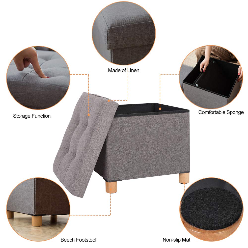 Cocoarm Sitzhocker mit Stauraum, 3 In 1 Faltbare Sitzwürfel mit Gepolstert und Füße aus Massivholz für Wohnzimmer Flur Kinderzimmer 38 x 38 x 35 cm Dunkelgrau