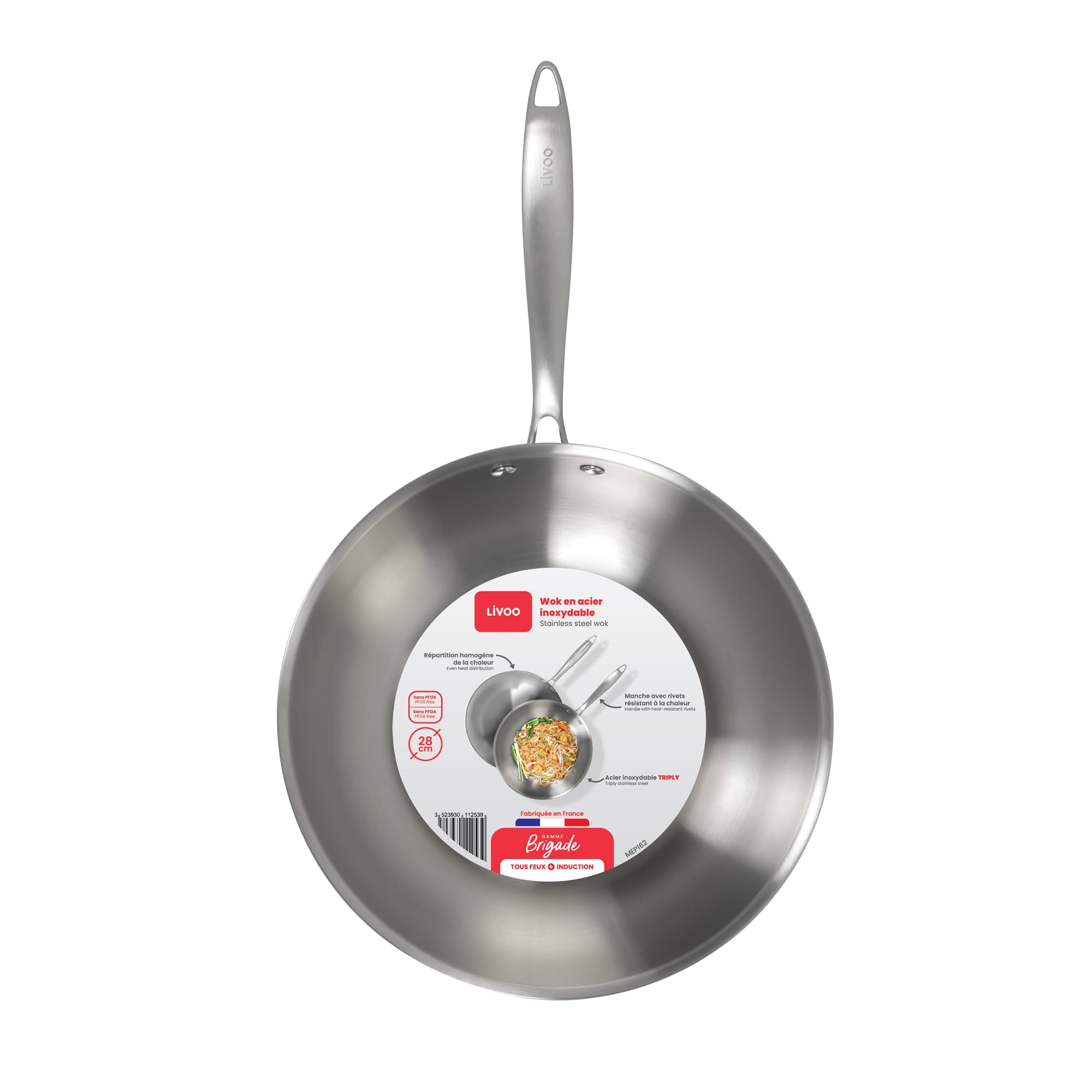 Livoo - Wok en acier inoxydable 28 cm MEP162 - Gamme Brigade - inox triply - sans PFAS, Argent