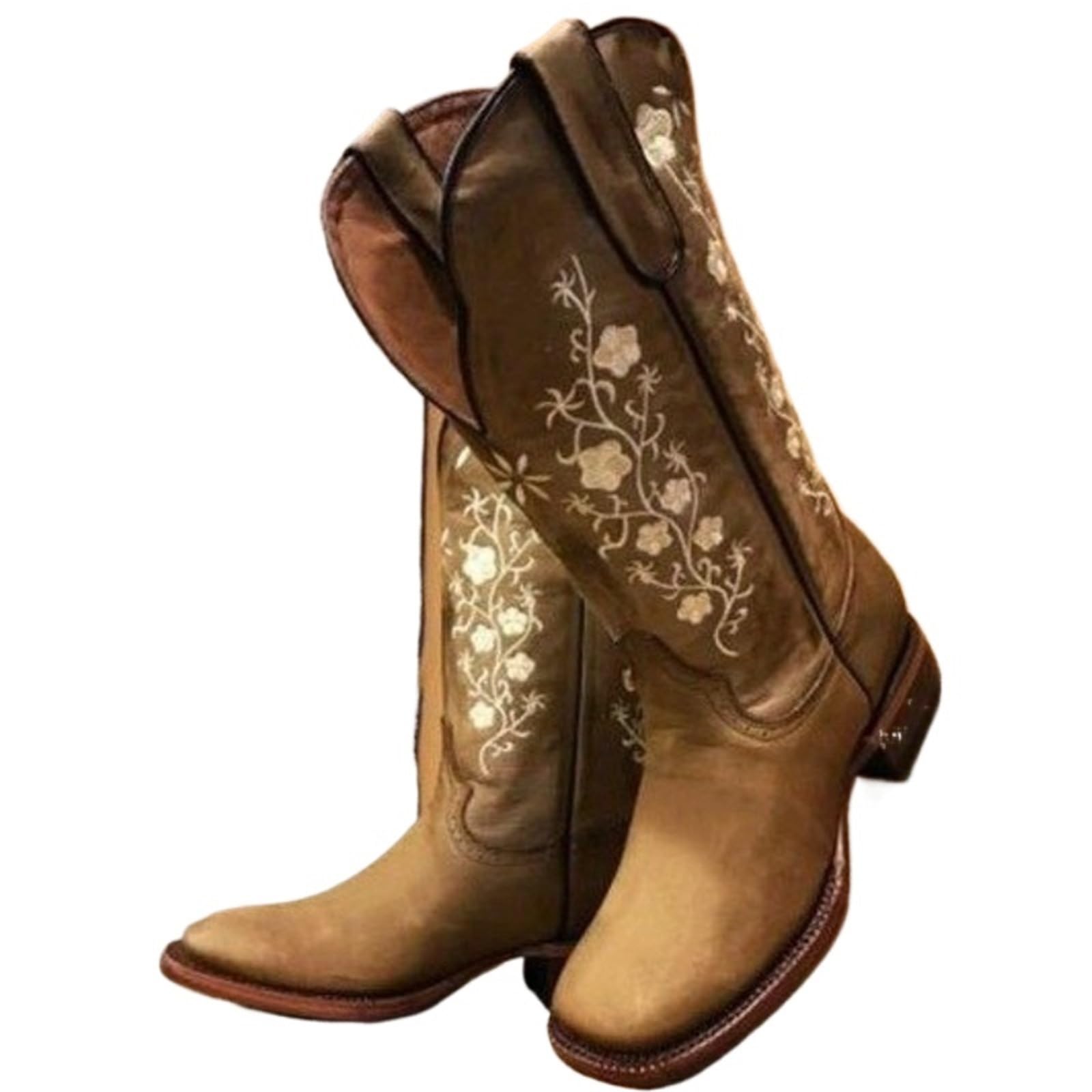 Stivali da Donna con Punta Tonda, Design retrò con Ricamo, Antiscivolo, Stivali da Donna a metà Gamba per Festa a Tema Concerto Country(Khaki,36)