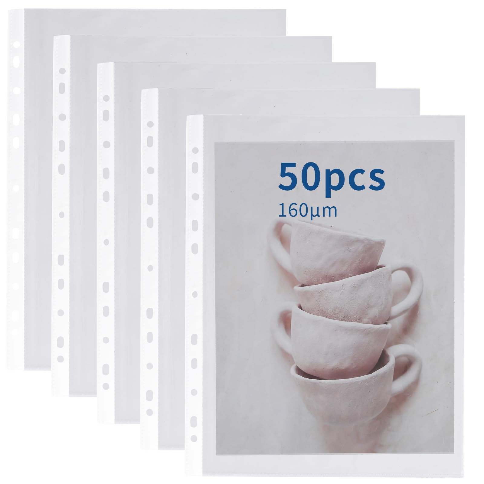 Punched Pockets A4 Heavy Duty Poly Pockets A4 Clear Plastic Wallets Top Open 11 Hole Sheet Protectors for 2/3/4 Ring Binder for Filing Folders Sleeves Documents (50 Pcs-8C(0.16mm))