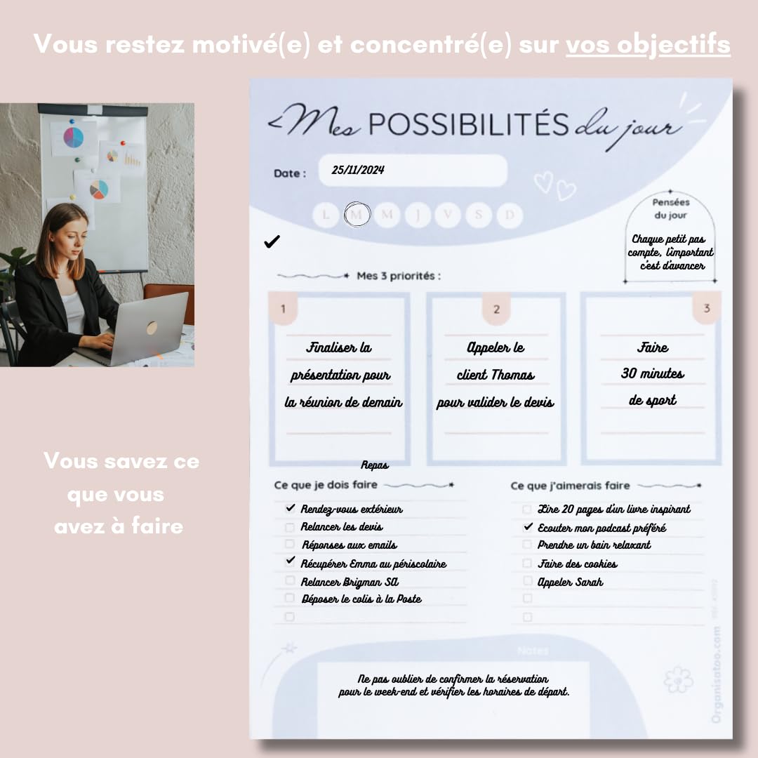Bloc-notes développement personnel A5 50 pages détachables planning du jour français