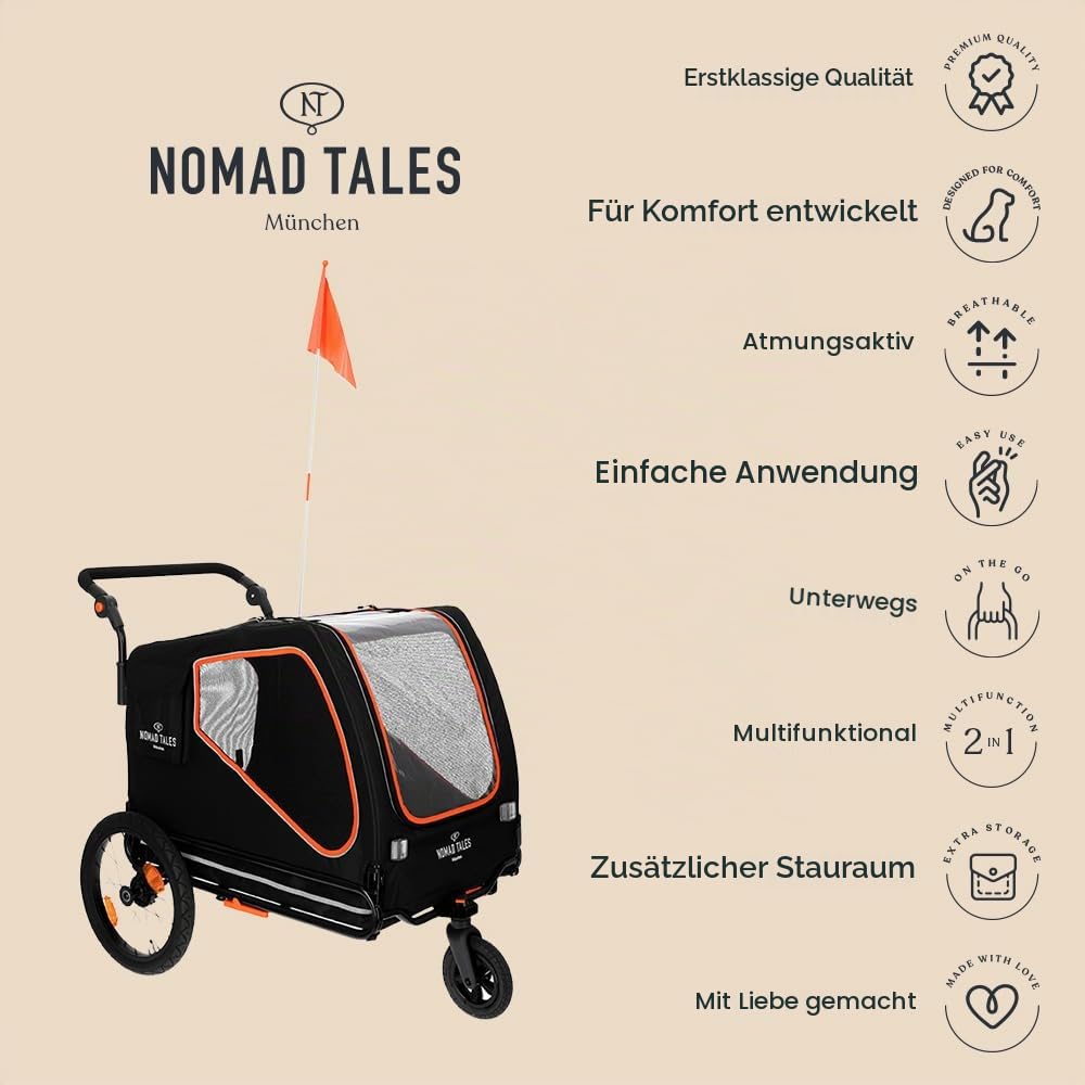 Fahrradanhänger & Jogger für Hunde bis 45 KG | 2 in 1 | Große Fenster & gepolsterte Liegematte | Maße: ca. L88 x B72 x H102 cm
