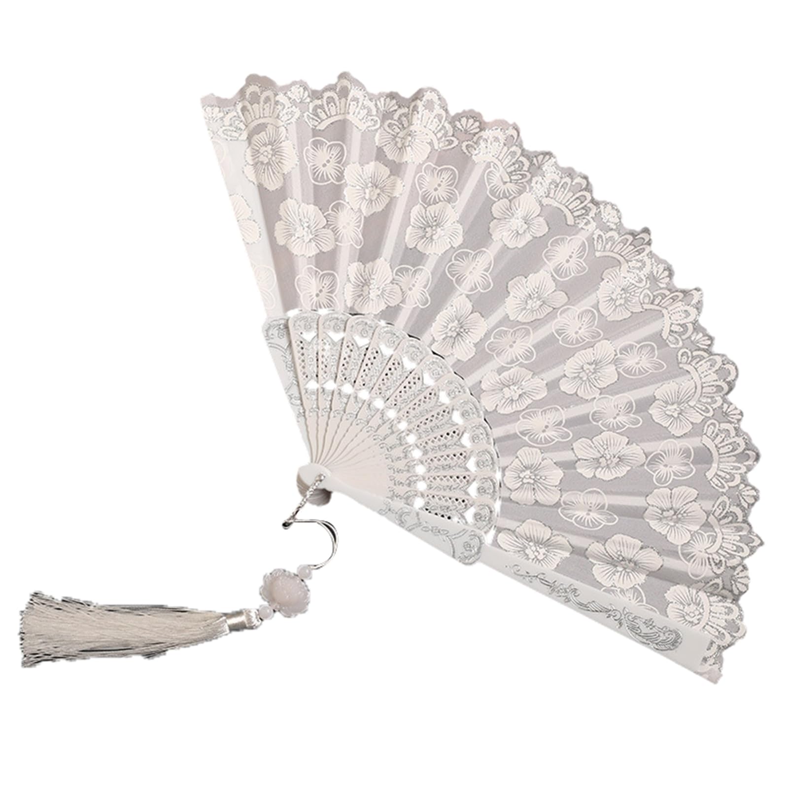 Ventaglio estivo portatile in tessuto di seta pieghevole retrò pizzo leggero danza cinese palmare con fiore di ciliegio modello nappa elegante donna per argento 1 pz