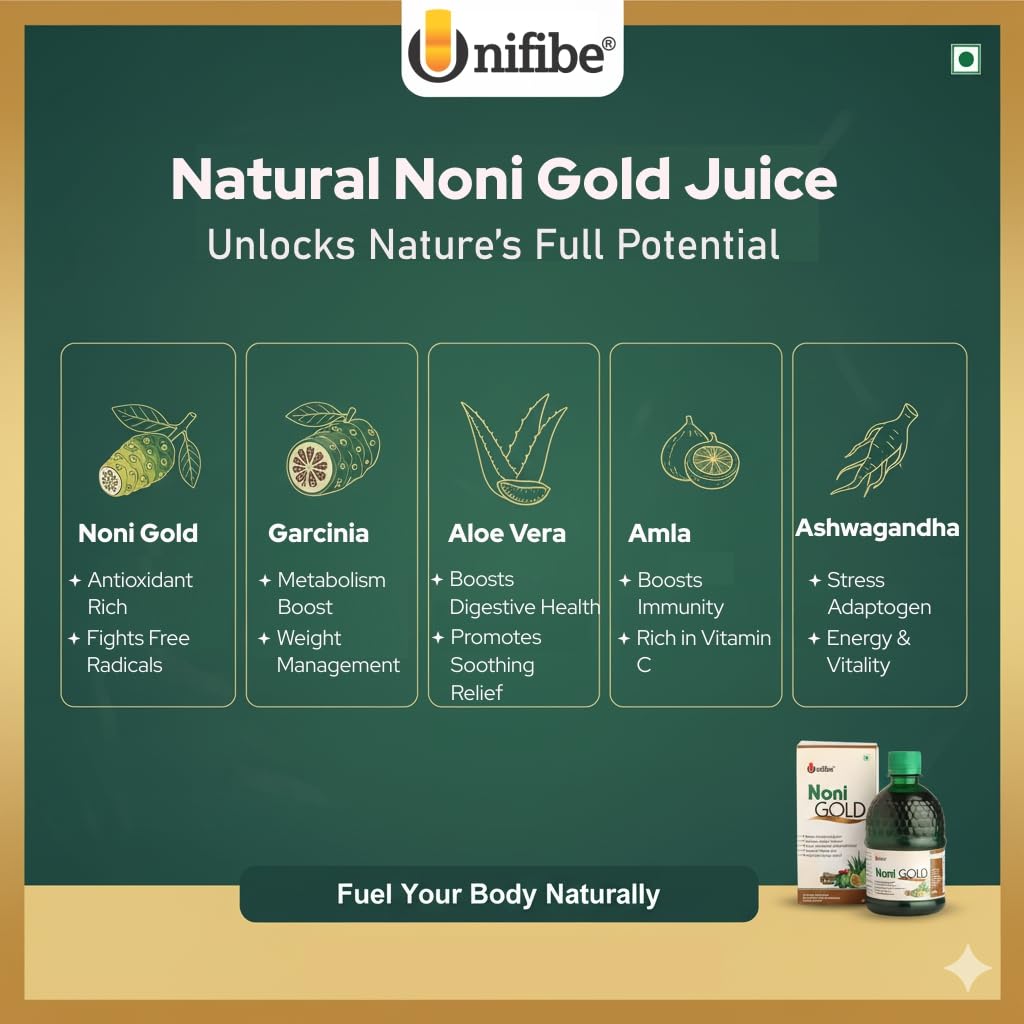 Unifibe Noni Gold Juice with Garcinia, Aloe Vera, Amla & Ashwagandha β Herbal Antioxidant Juice for Digestion, Immunity & Metabolism Support, 400 ml - Pack of 1 1