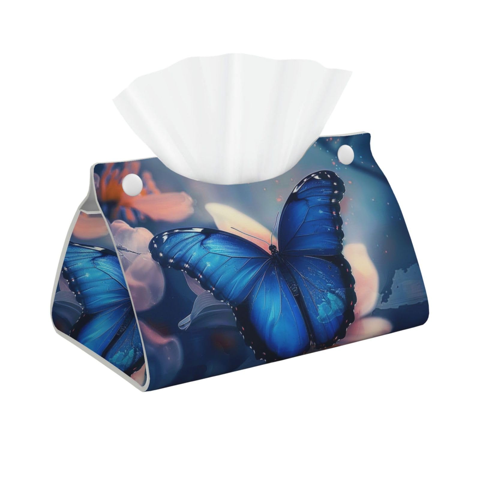 Blue Butterfly Print Tissue Box Cover Foldable Tissue Storage Box Leather Tissue Cube Box Holder for Living Room Bedroom Office Car Home Decor