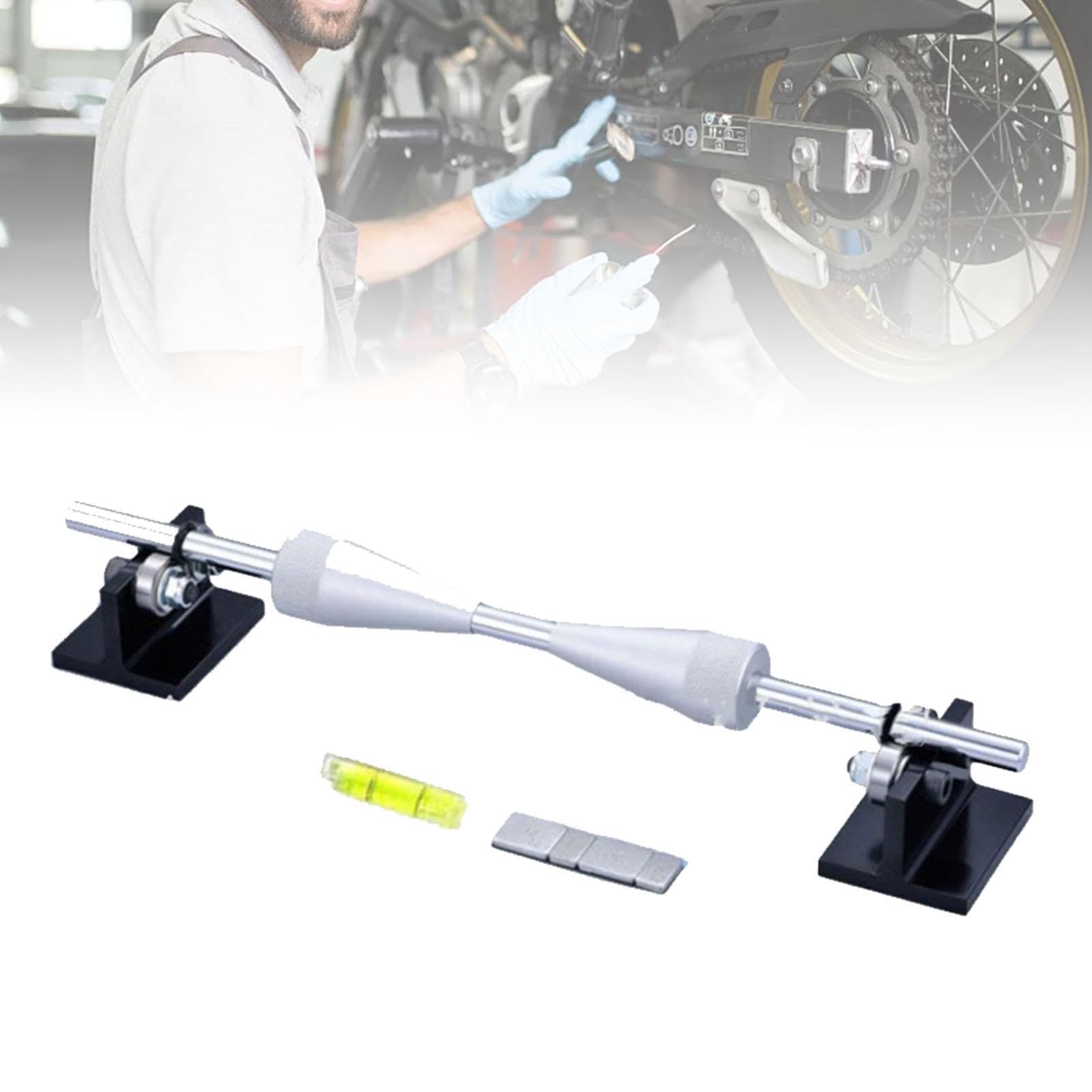 Herramienta portátil de mantenimiento para equilibrador de ruedas motocicleta con construcción aleación aluminio diseñada para reparación y equilibrado ruedas motocicleta.