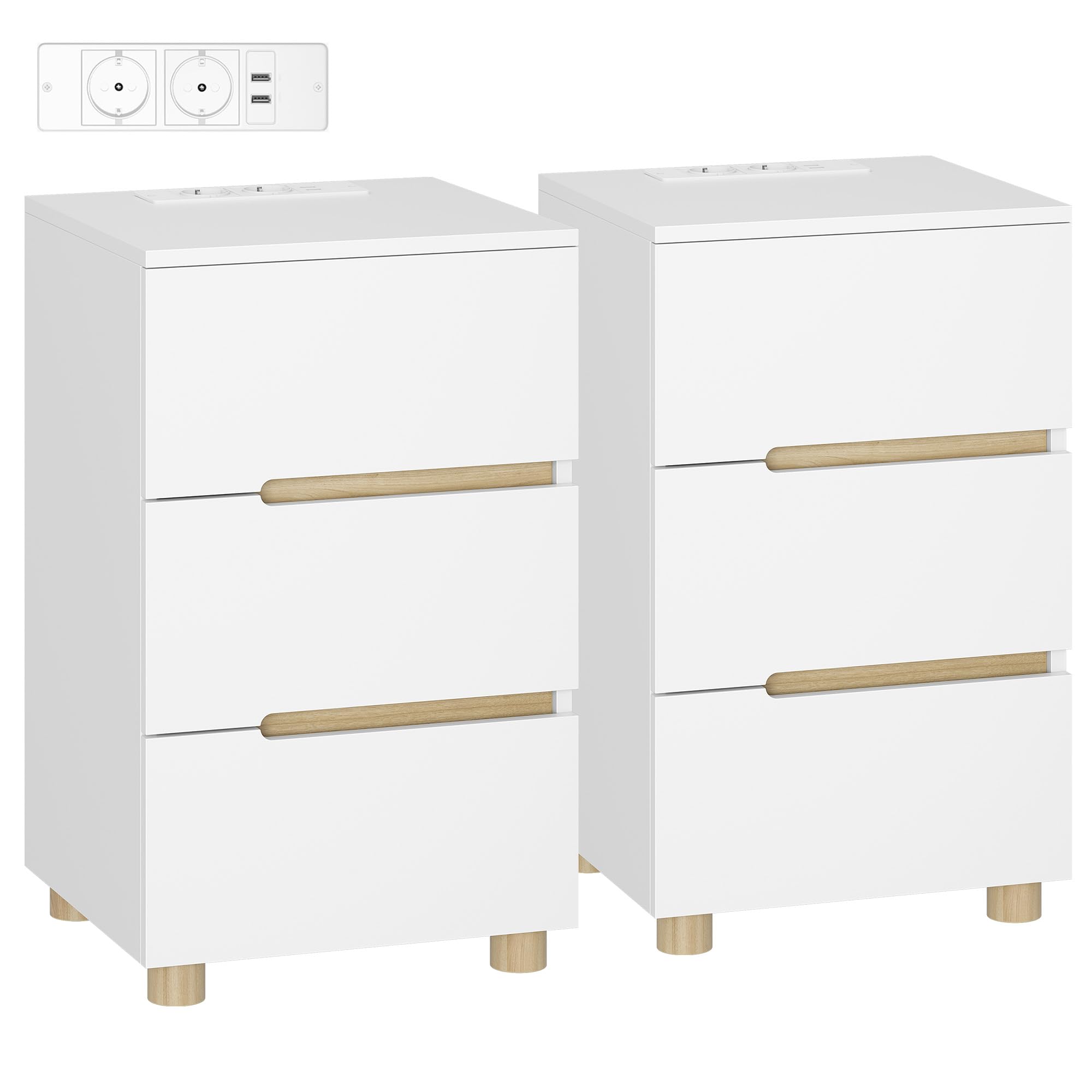 Hzuaneri Juego de 2 Mesilla de Noche, con 3 Cajones, Estación de Carga (2 Tomas AC, 2 Puertos USB), Estilo Minimalista Moderno, para Dormitorio, Salón, 35 x 40 x 65 cm, Blanco NS33403XEU