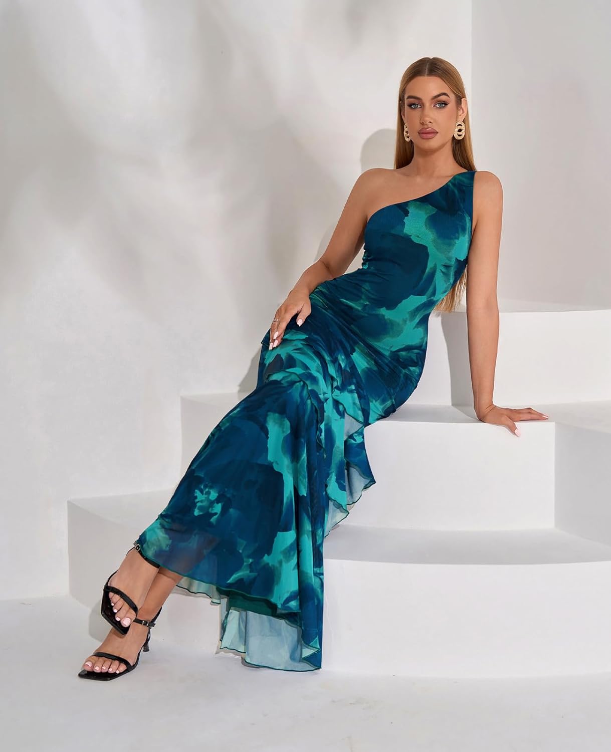 XinFSh Women's Summer Floral Wedding Guest Dresses One Shoulder Bodycon Tiered Ruffle Maxi Long Cocktail Party Dress - Image 5