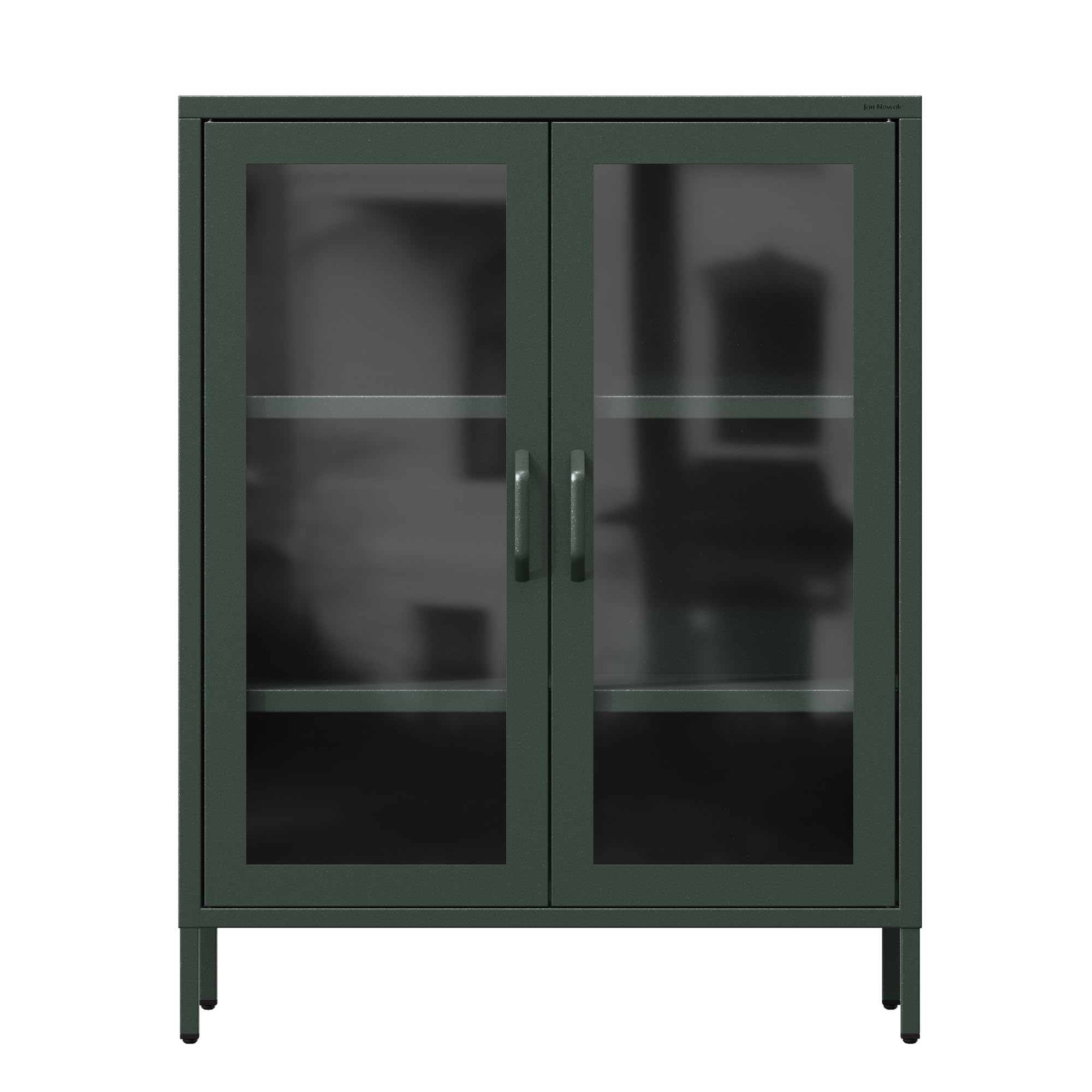 Jan Nowak 2-türiger Vitrinenschrank - GINA - 2 verstellbare Ablagen, Gehärtetes Glas, Wandmontage - Glasvitrine Stehend, Vitrine Glas, Wohmzimmerschrank Glitzernd - 80 x 101,5 x 40 cm - Flaschengrün