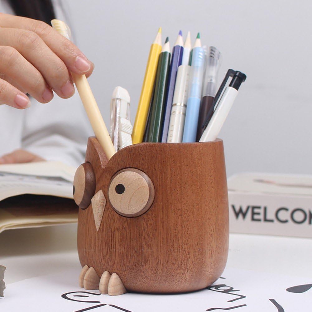Amazon.co.jp: ペンスタンド 木製 ペン立て かわいい フクロウ卓上